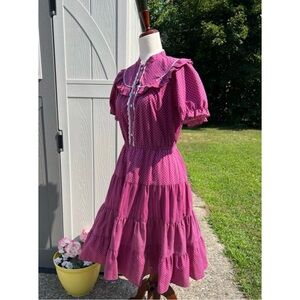Vintage Prairie Cottagecore Pleated Ruffle Lace Trim Bib Front Midi Maxi Dress